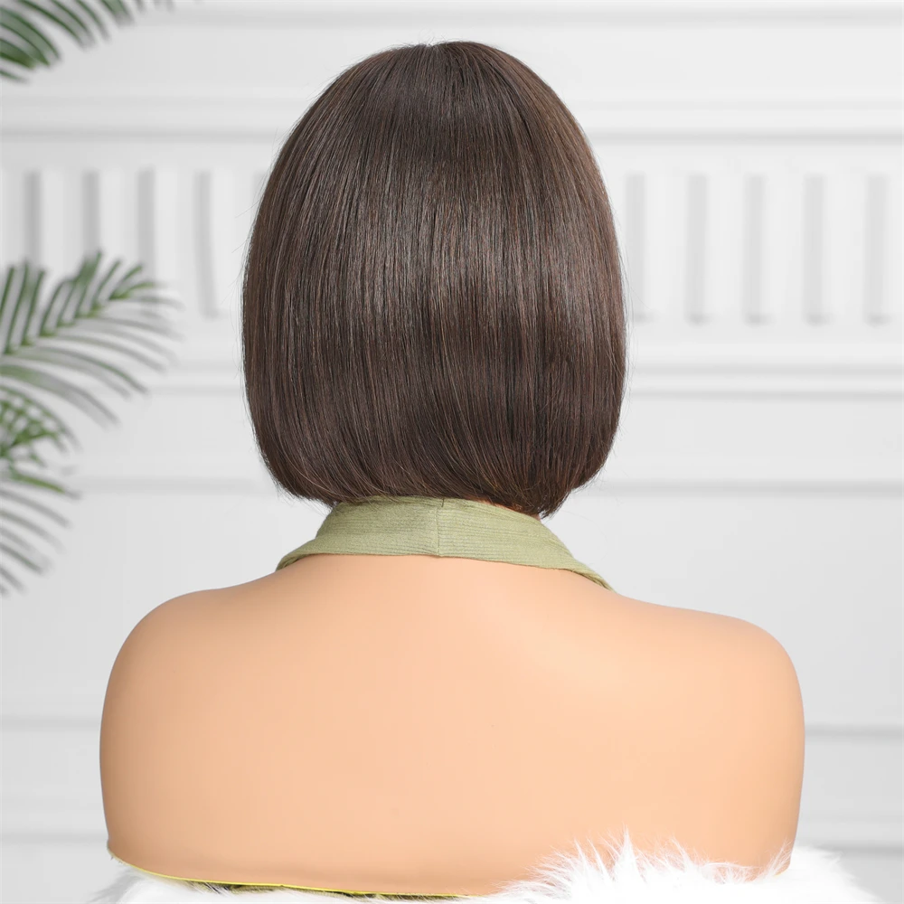 Human Hair Blend Wigs Natural Brown Black Short Straight Bob Wig with Bang for Women Daily Use Blend Human Hair Machine Made Wig