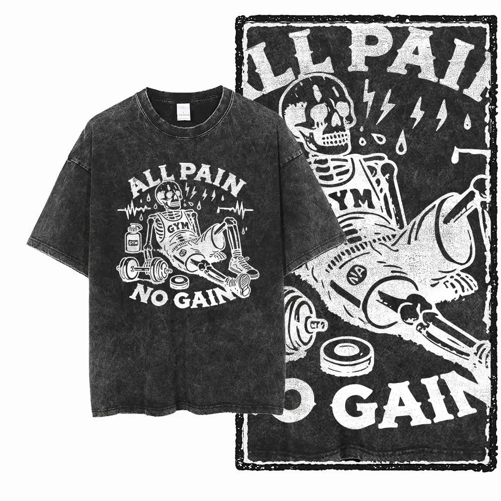 G70 Exclusive 100% Cotton Men's Streetwear Gym Skull Graphic T-shirt | Acid Washed Big Size Cool O-neck Men's Tee Tshirt
