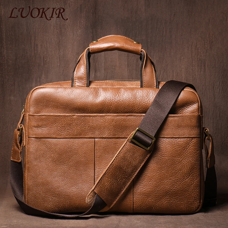 LUOKIR-maletín Vintage de cuero auténtico para hombre, bolso de mano de piel de vaca, bolsas de mensajero de viaje de negocios, bolso de lujo para ordenador portátil de 15 pulgadas