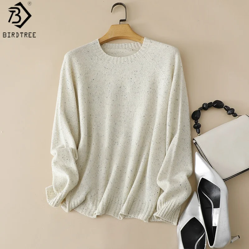 

BirdTree, 100% Sheep Wool Knitted Shirt for Women, O-neck Sweater, Full Sleeve Basics Dot Yarn Pullover, 2026 New Tops T62306JF
