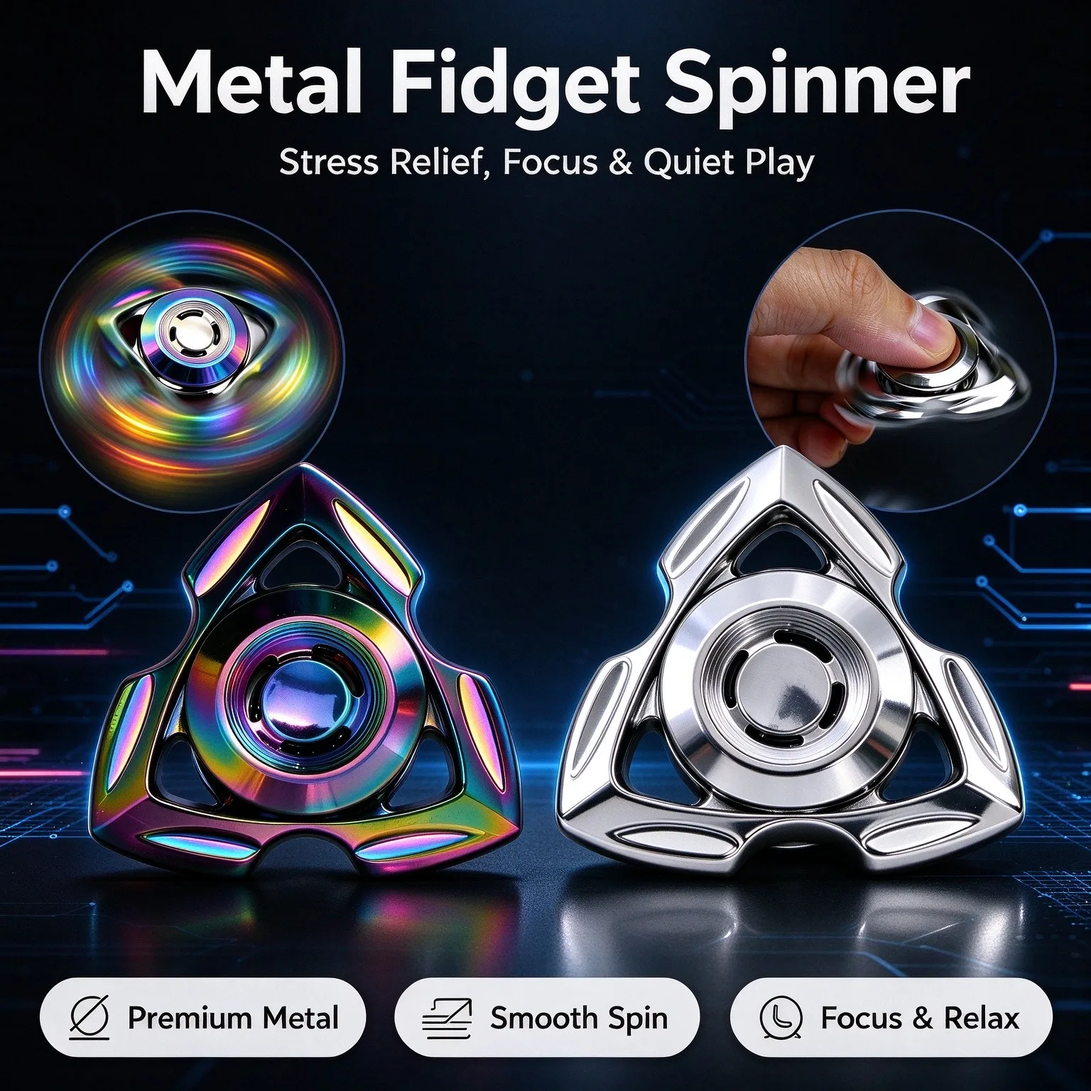 Fidget Spinner EDC Stainless Steel Metal Rotating Lock Stress Relief Toy Smooth Spinning Decompression Office Desktop for Adults