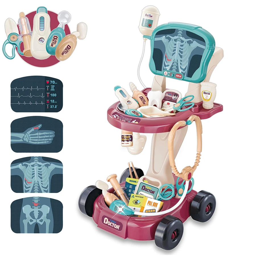 Kit médico de 29 piezas para niños de 3 a 5 años, juguete de simulación para niños pequeños, carro móvil médico veterinario con sonido y luz, estetoscopio Xray Dr