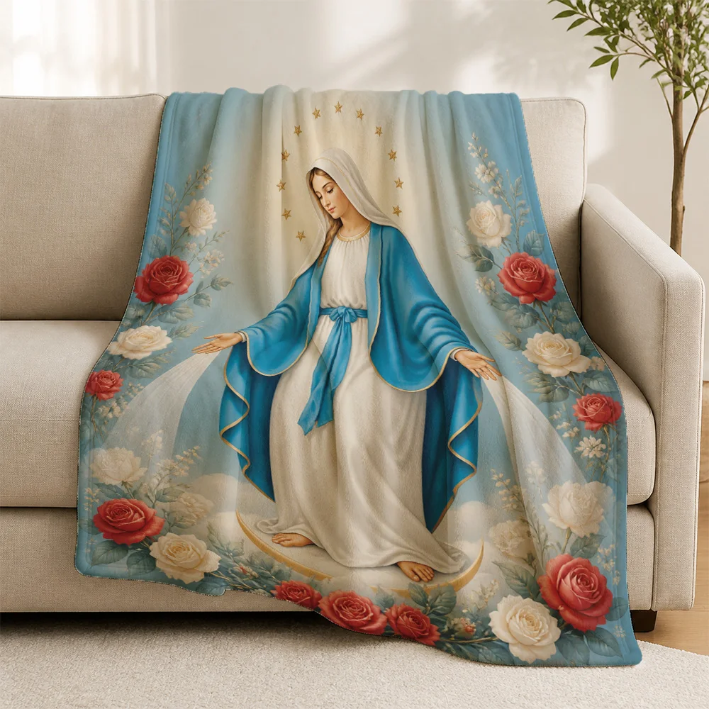 Luxurious Spiritual Catholic Sofa Throw Blanket Virgin Mary Religious Art Decor Couch Accent Cozy Home Gift for Worship Room
