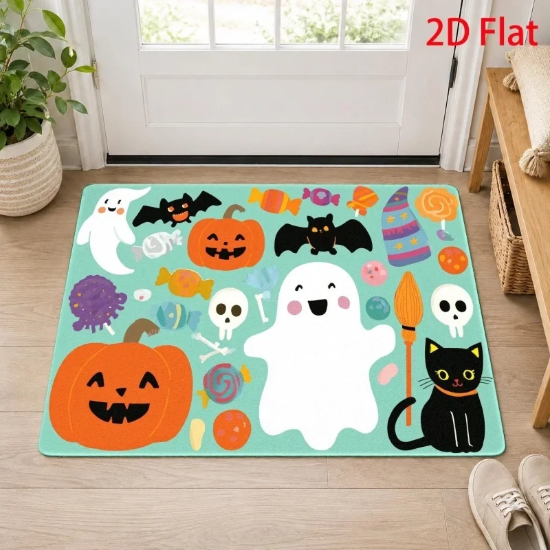 Welcome Home Cat Festival Doormat, Pumpkin Christmas Tree Printed Floor Mat, Holiday Indoor Entryway Decor Rug