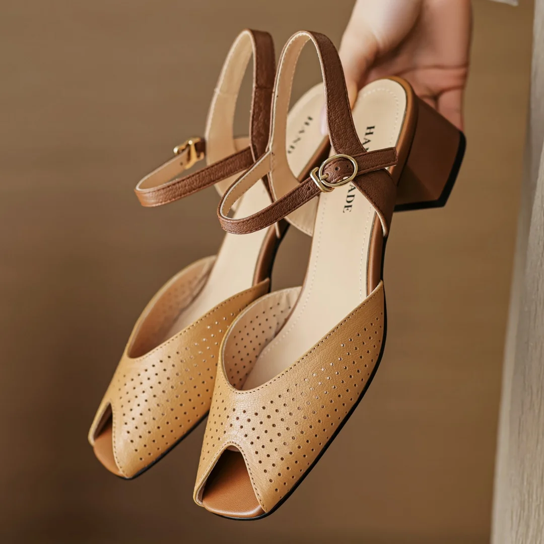 2024 Summer new plus size 34-41 women\'s cow leather ankle strap peep toe sandals 4.5cm thick low heel female pumps shoes woman