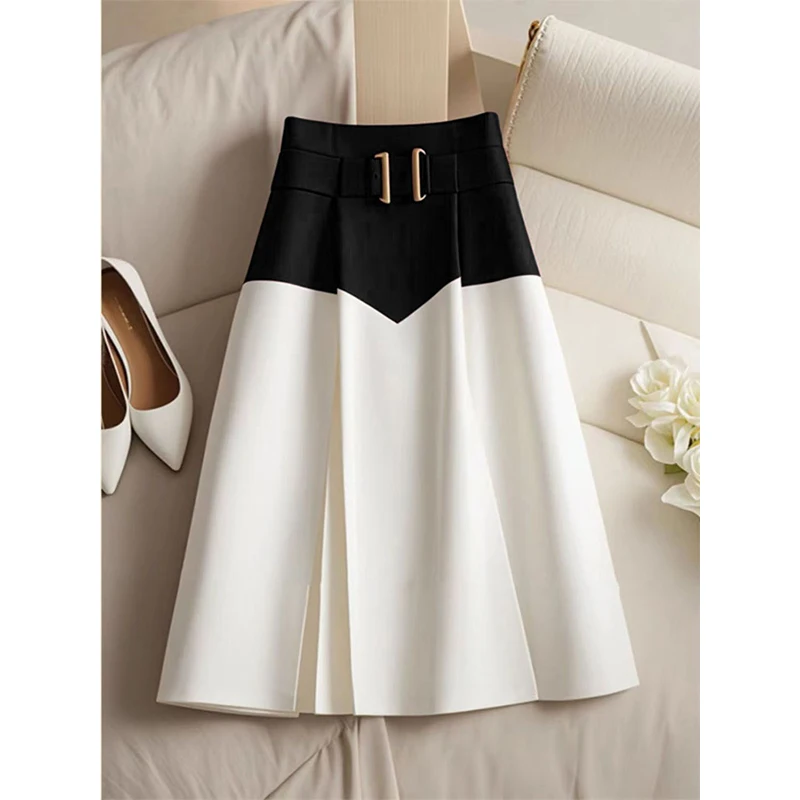 Spring Autumn Fashion Contrasting Colors High Waist Appear Thin Skirt Women Simplicity Office Lady All-match Trend A-line Skirt