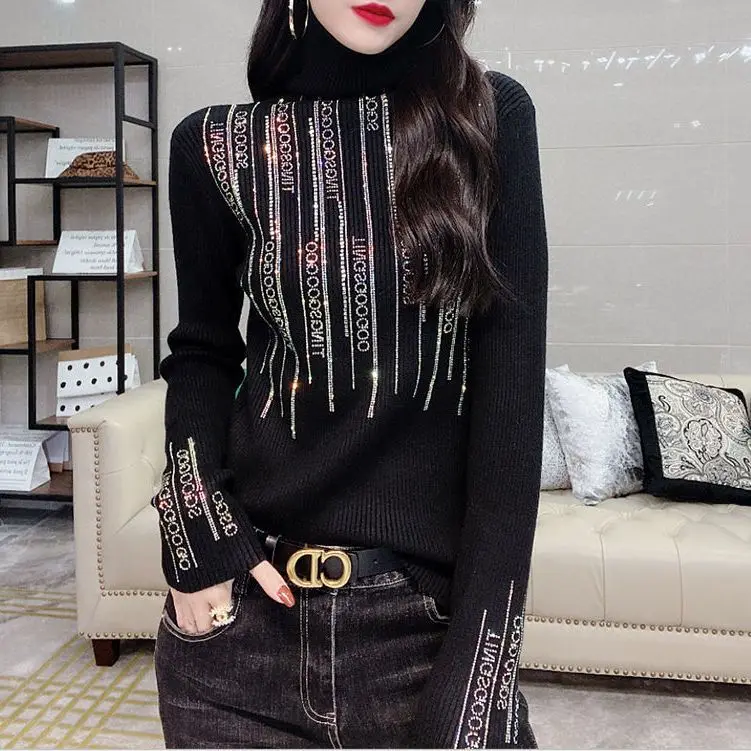 Hot Drill TurtleNeck Women\'s 2022 Autumn Winter New Interior Long-sleeved Sweater Versatile Knit Top Oversized Sweater