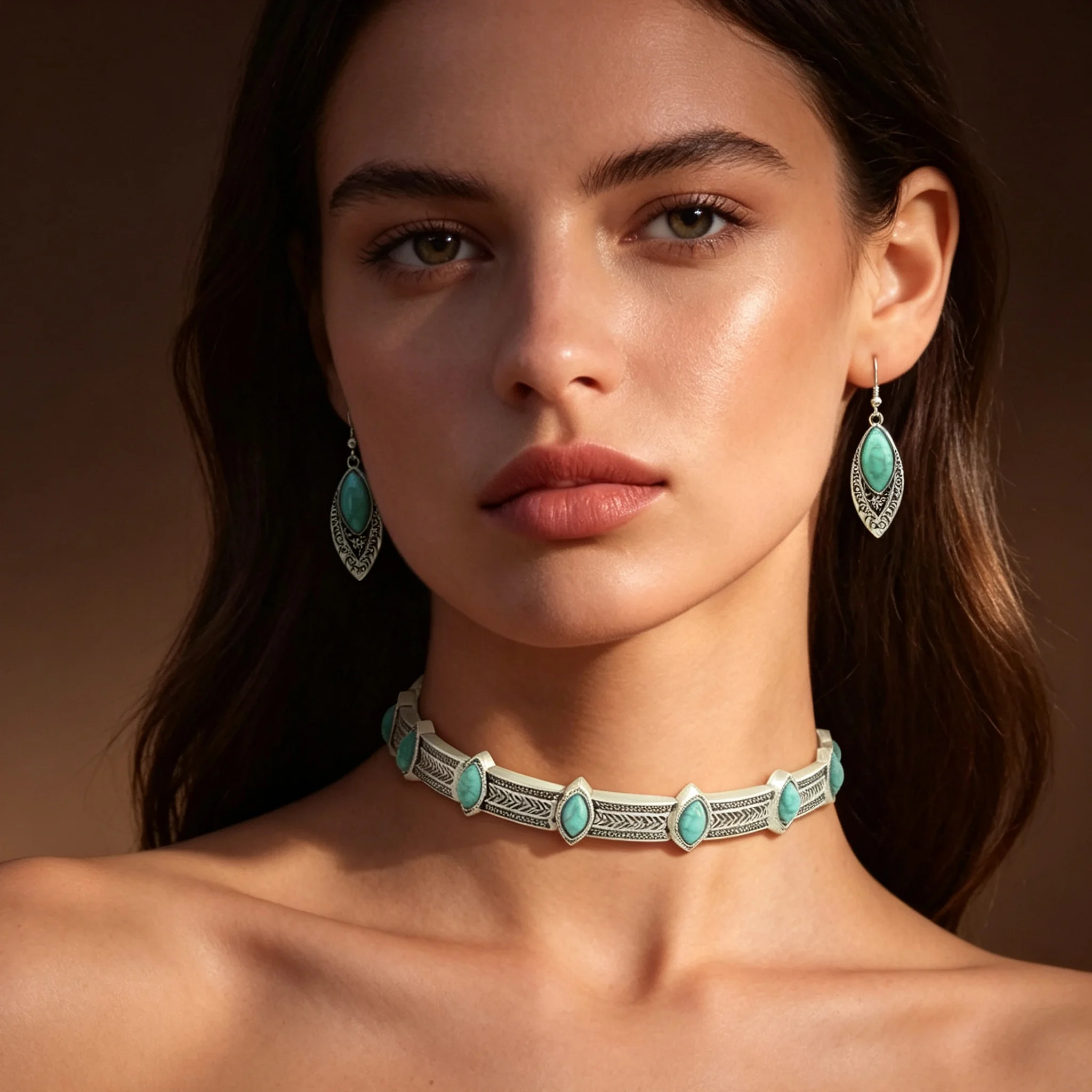 Ethnic Chic Fashion - 2Pcs Turquoise Western Chokers Earrings Set