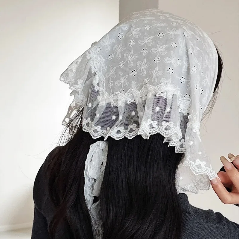 Retro White Lace Head Scarf Multipurpose Triangle Shawl Hair Band Belt Women Summer Spring Beach Wedding Headwear Lightweight