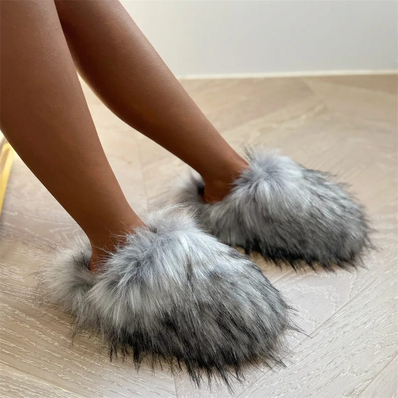 

New Winter Faux Raccoon Fur Slippers Women 2025 Warm Luxury Furry Faux Slides Gril Home Cotton Shoes Indoor Thick Fur Shoes