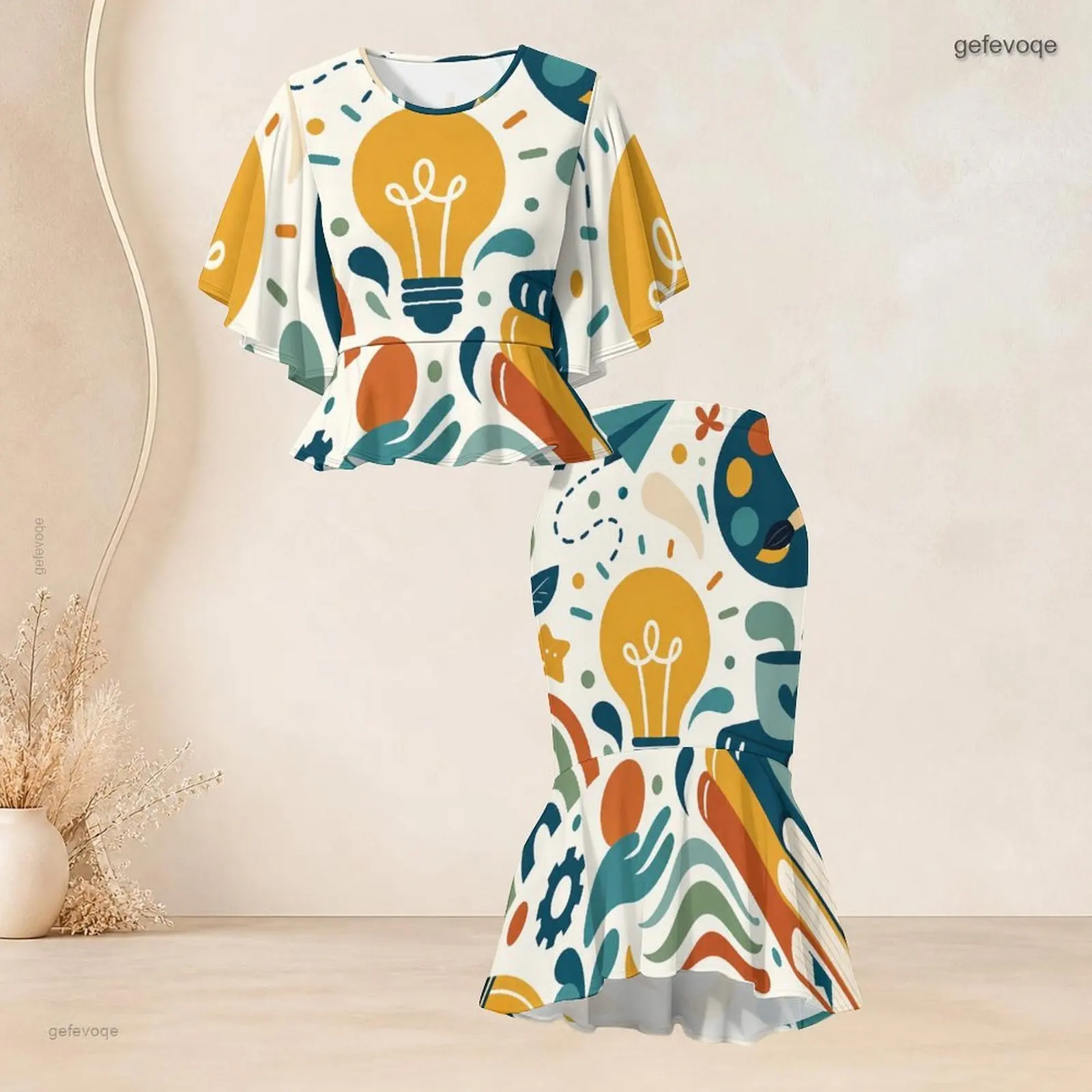 Women Printed Skirt Set Batwing Sleeve Ruffle Hem Top Fishtail Skirt Two Piece