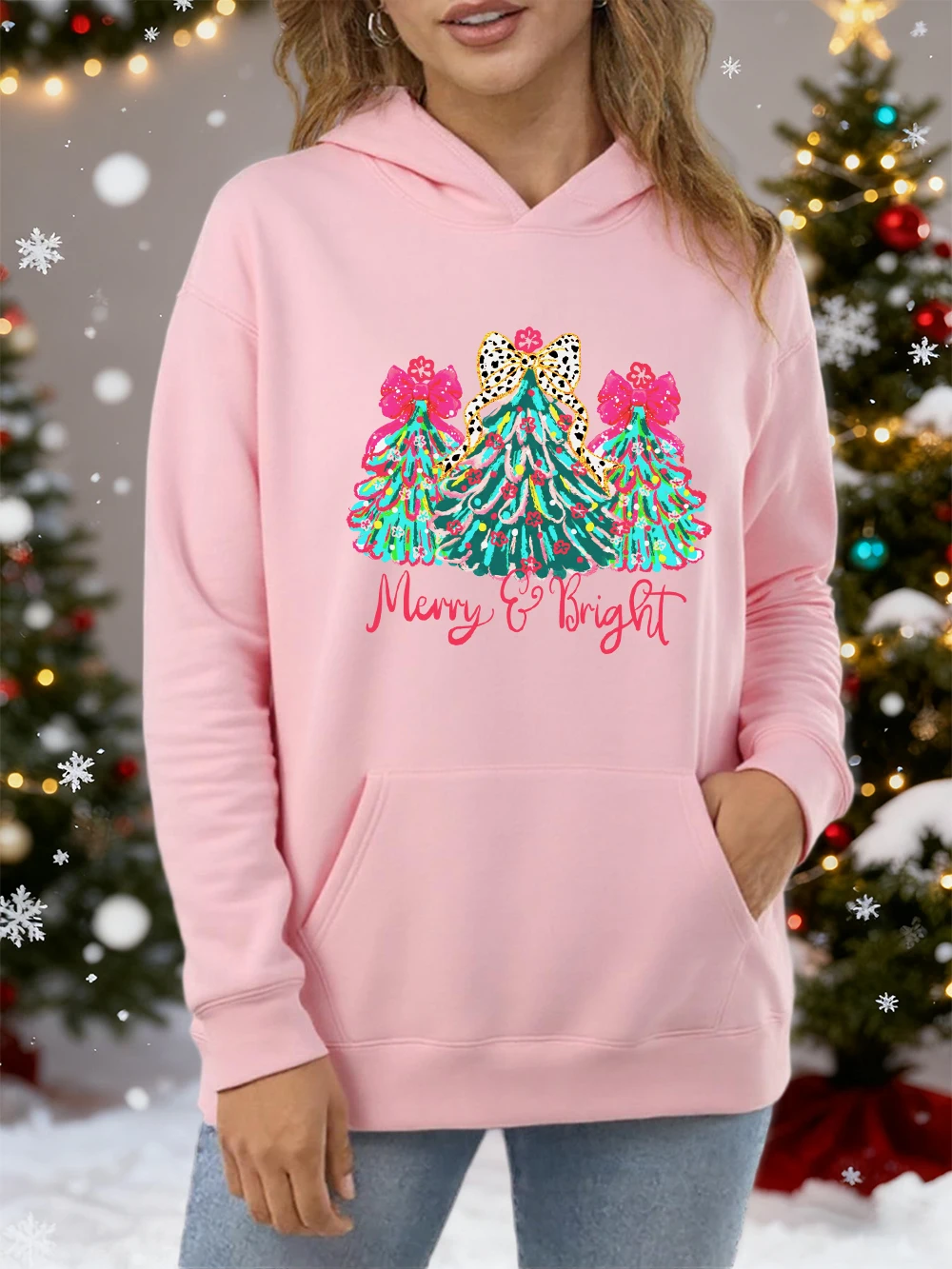 

С Рождеством красочные деревья дизайн женские толстовки Y2K свободная осенняя толстовка с карманами хлопковая уличная одежда многоцветная повседневная толстовка