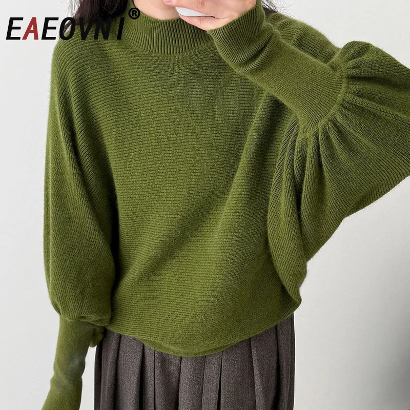 

EAEOVNI Casual Knitted Batwing Sleeve Sweater Women Solid Color Turtleneck Loose Pullover Blouse Versatile Autumn Winter New