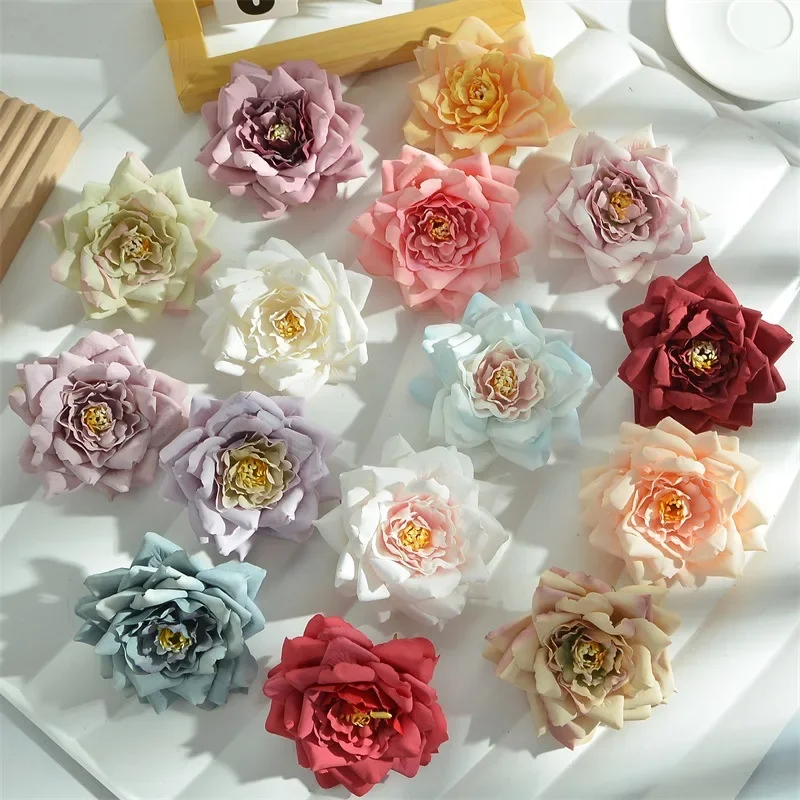 

10pcs 9cm Artificial Rose Flower Heads Home Decors Wedding Party Decorations Wreath Cake DIY Decor Fake Flowers For Flower Wall