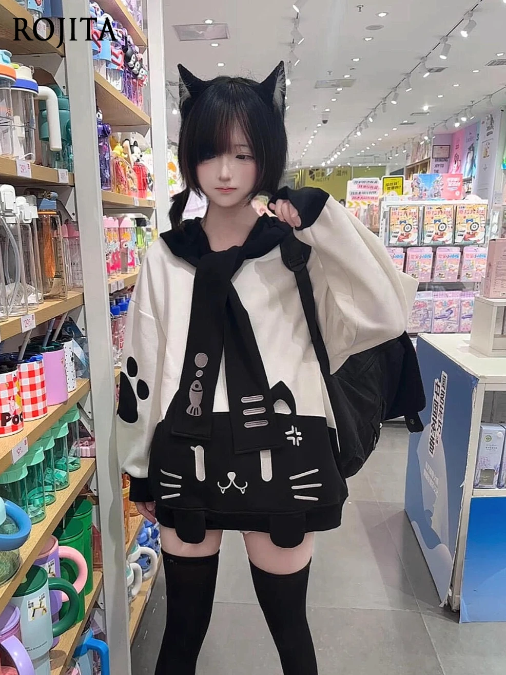 

Cute Cat Navy Collar Tie Sweatshirt for Women 2025 Autumn Sweet Soft Girl Loose Japanese Style Cute College Style Kawaii Clothes