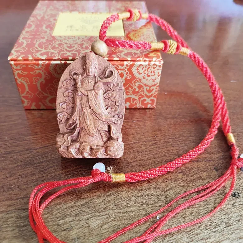 Mahogany Log Wood Carving Pendant Walnut Laughing Buddha Goddess Matsu of the Sea Mazu Safe Guanyin Car Keychain Charm Necklace