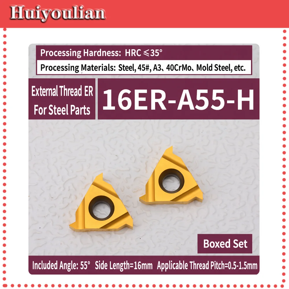 16ER-A55-H Ext Thread Insert CP8018 55 Deg 16mm Pitch 0.5-1.5mm Coated for HRC Max 35 Steel 45# A3 40CrMo Die Steel