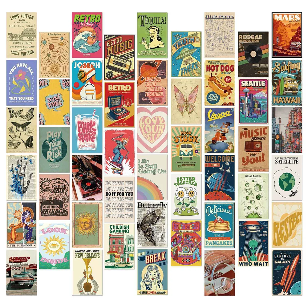 50 Postales Decorativas de Estilo Retro, Cuadros para Dormitorio, Adhesivos de Pared, Arte de Collage, Tarjetas de Fiesta de Dibujos Animados, Álbum de Recortes