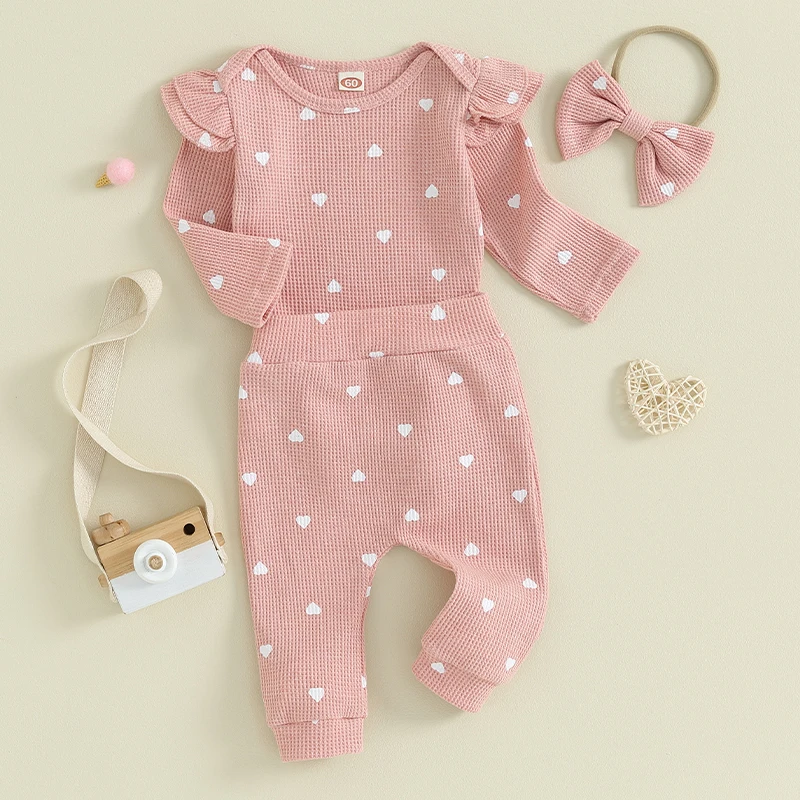 Infant Baby Girl Waffle Knit Pants Set Heart Long Sleeve Romper Pants Headband Suit 3 Piece Outfits Fall Clothes