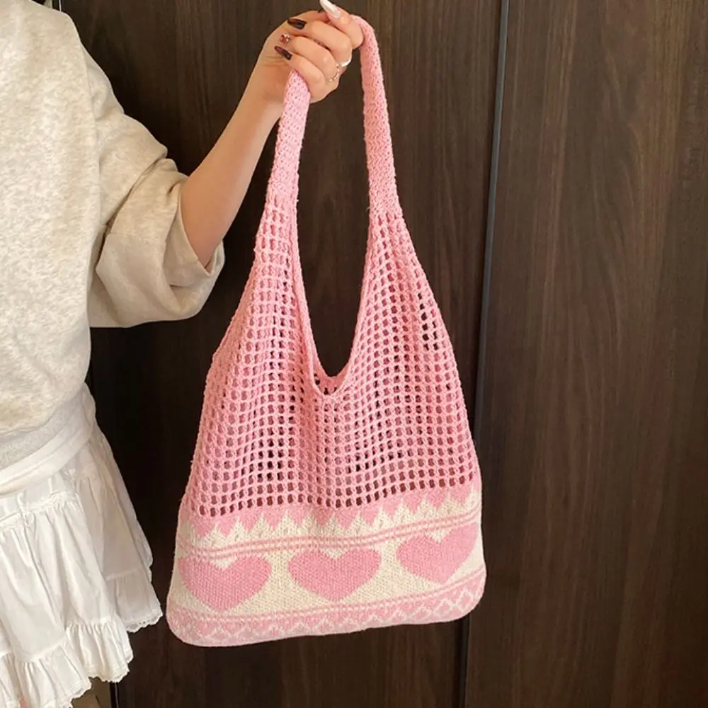 

Trendy Handmade Crochet Bag Boho Leisure Knitted Tote Bag Hollow Large Capacity Weave Shoulder Bag Girls