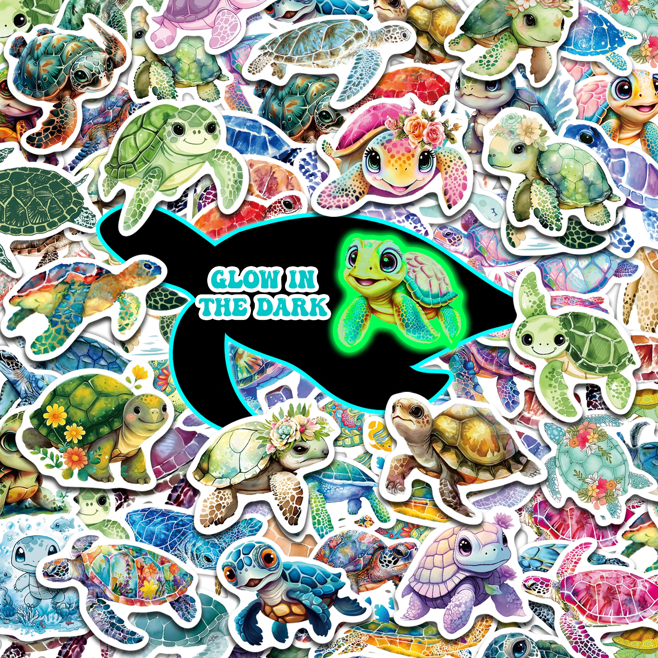 Glow in The Dark Cute Cartoon Sea Turtle Stickers 51pcs Self-adhesive Waterproof Luminous Stickers Decoration Supplies