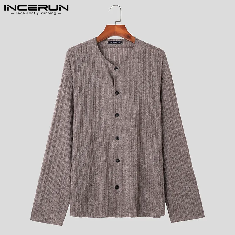 2023 Men Shirt Striped V Neck Long Sleeve Button Knitted Men Clothing Korean Style Streetwear Autumn Casual Shirts S-5XL INCERUN