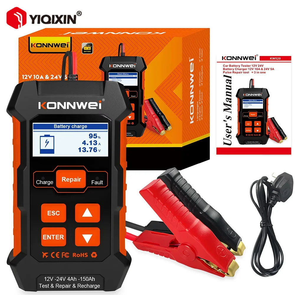 KONNWEI KW520 3 In 1 Automatic Car Truck Battery Repair Tool 12V 10A 24V 5A Charger Pulse Repair Tool Cranking Charging Test