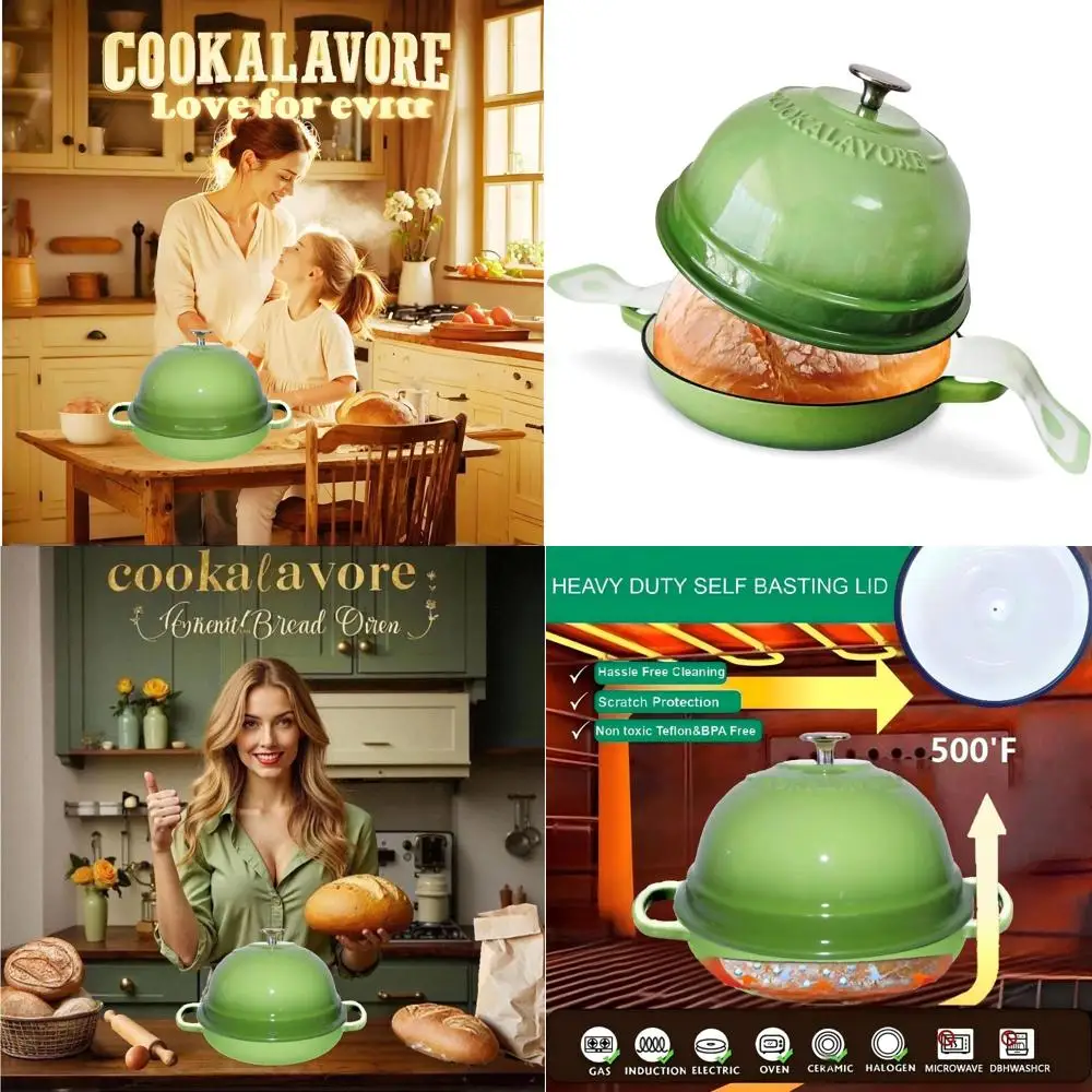 

6-Quart Green Enamel Bread Pan with Lid and Silicone Mat for Homemade Sourdough - Perfect for Family Gifts