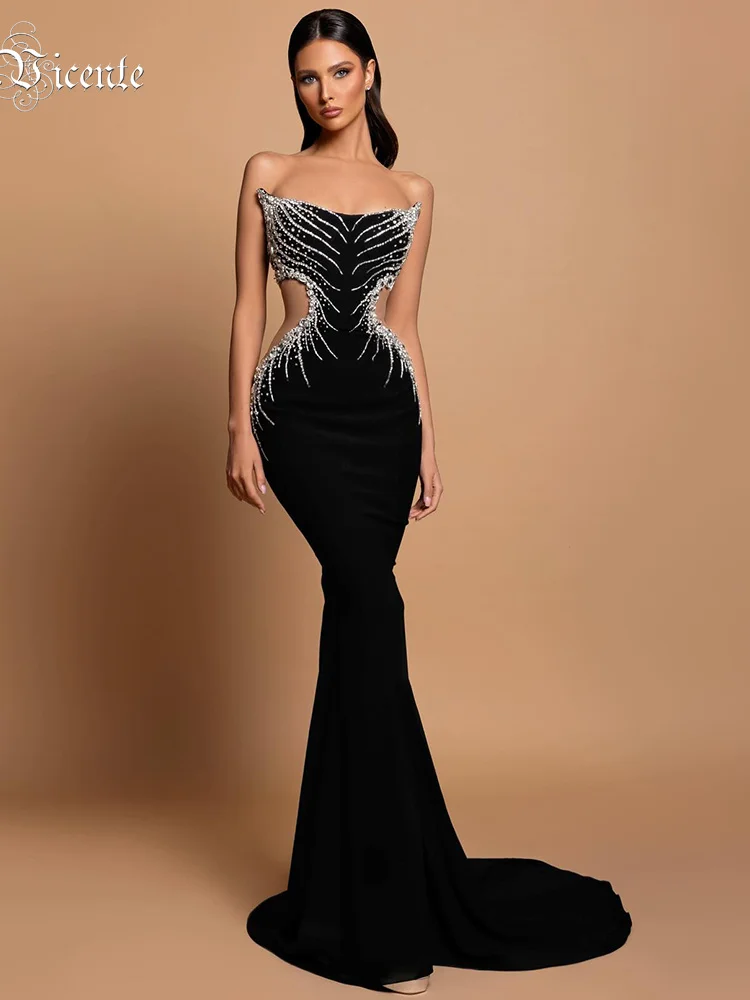 VC Strapless Crystal Black Maxi Long Gown Sparkling Diamond Hollow Tight Elegant Celebrity Party Evening Dress