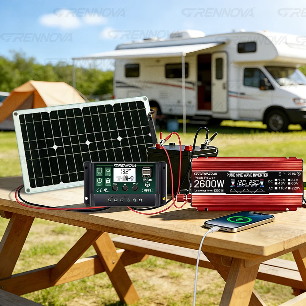 High Conversion 2600W Peak Solar Kit Pure Sine Wave 80W Panel 60A Controller Inverter 12V/24V To 110V/220V for Home RV Farm Use