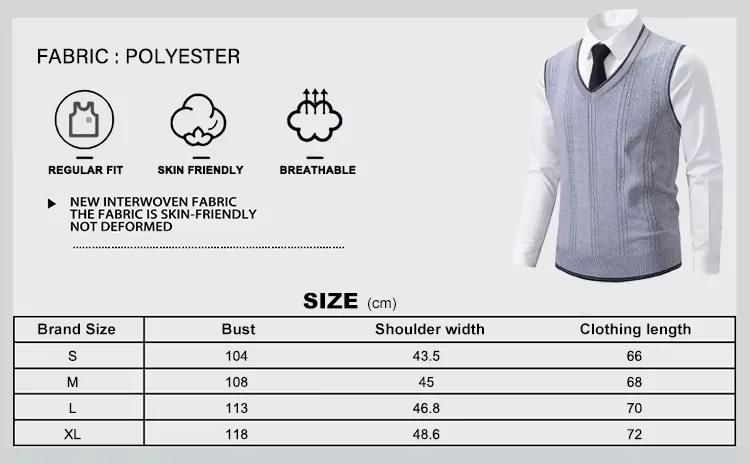 US-Größe Herren V-Ausschnitt Strickweste im College-Stil, Ärmellose Strickpullover für Männer – Detail 1
