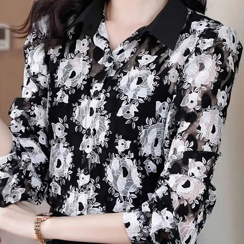 Female Clothing Floral Lace Blouse Gauze Fashion Single-breasted Spring Autumn Turn-down Collar Commute Long Sleeve Korean Shirt