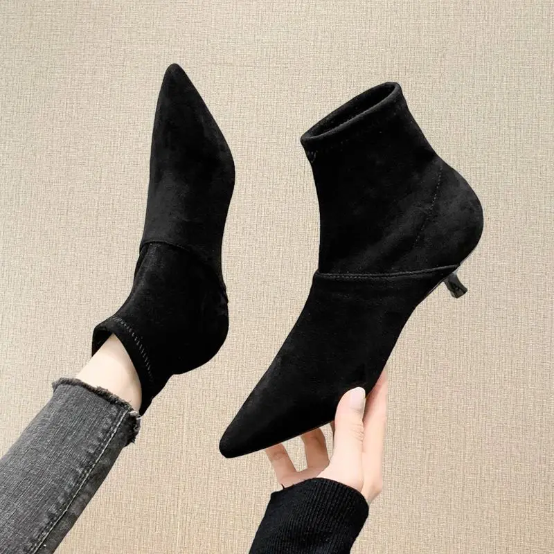 Footwear Pointed Toe Booties Elastic Suede Short Shoes for Women Elegant with Low Heels Female Ankle Boots Trend 2024 Sale Boot