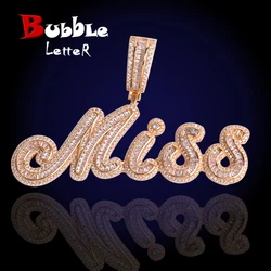 Bubble Letter Baguette Cursive Custom Name Necklace for Women Iced Out Pendant Real Gold Plated Hip Hop Rock Fashion Jewelry