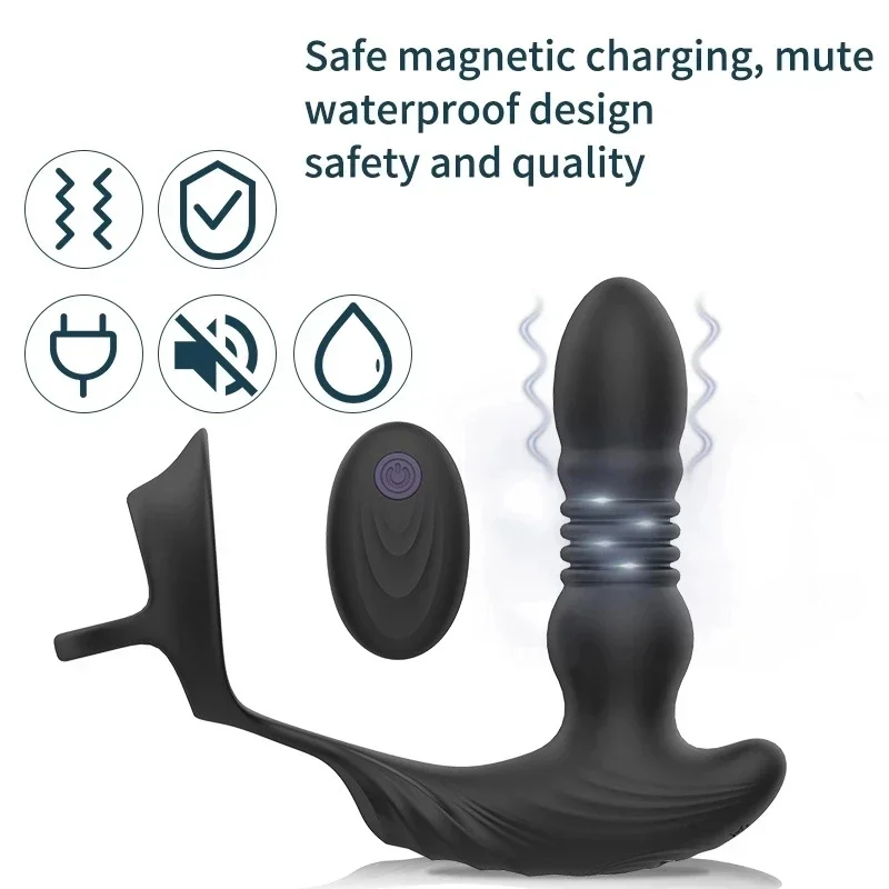 With Ring Anal Plug Delayed Ejaculation Butt Plug Remote Control Automatic Telescopic Male Prostate Massager Vibrator Sex Toys