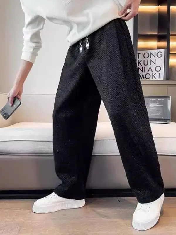 بنطلون رجالي على الطراز الأمريكي سميك للخريف والشتاء، بنطلون رياضي كاجوال مستقيم الساق مخطط للشباب
