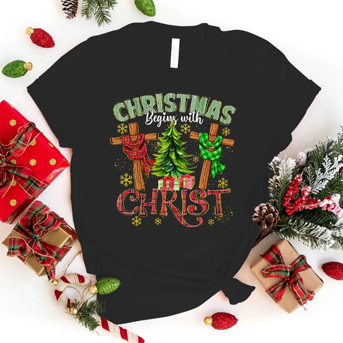 

Funny Christmas Begins With Christ Print T-Shirt Women Loose Short Sleeve Round Neck Top Female Casual Shirt Tees