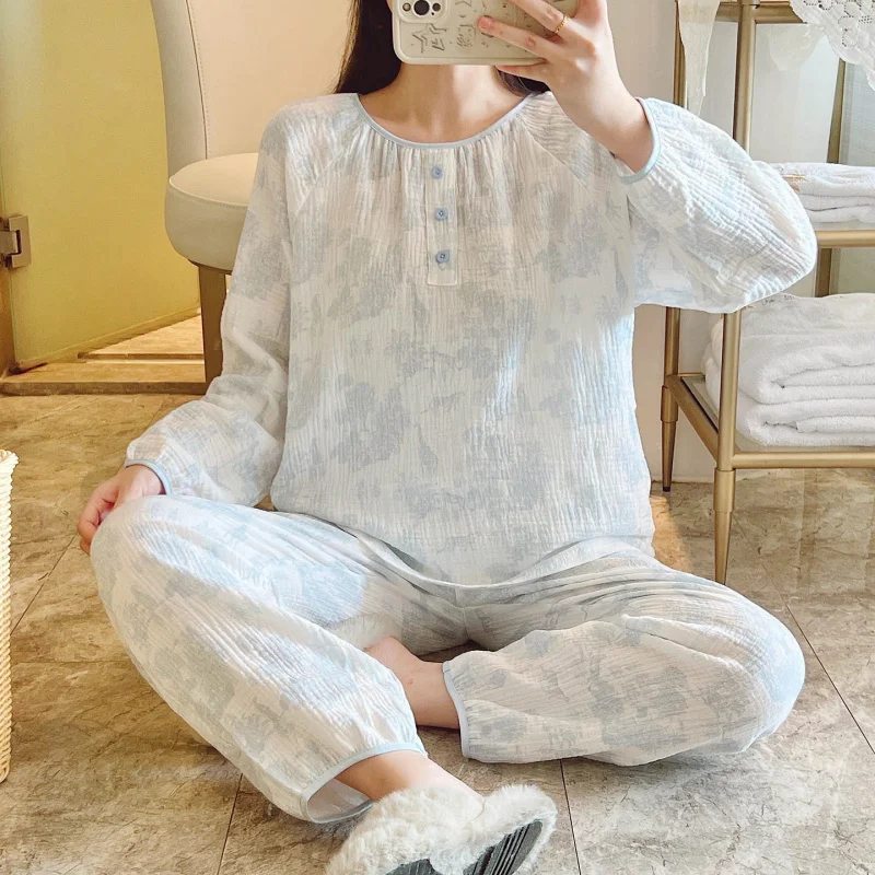 

Женский пижамный комплект, весенне-осенний, с длинным рукавом, цветочный домашний комплект, хлопковая газовая кардиган, свободный крой, удобный домашний комплект