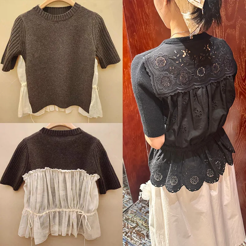 

【Gift Free】2025 Autumn Winter Chic Urban Knit Patchwork Back Hollow Embroidered Mermaid Hem Round Neck Top for Women