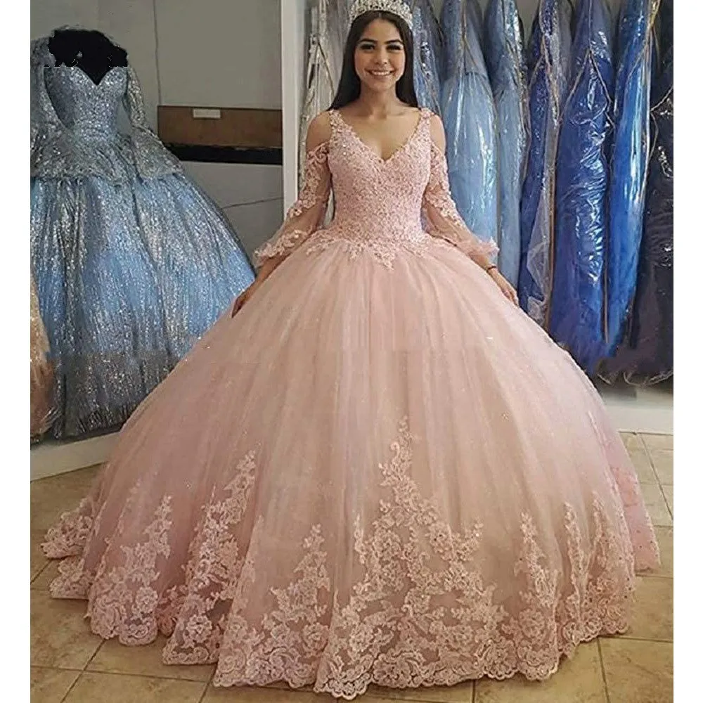 Vestidos de Quinceañera de manga larga rosa, dulces 16 vestidos de fiesta, moda con cuello en V, Apliques de encaje, tul, Princesa, cumpleaños, graduación