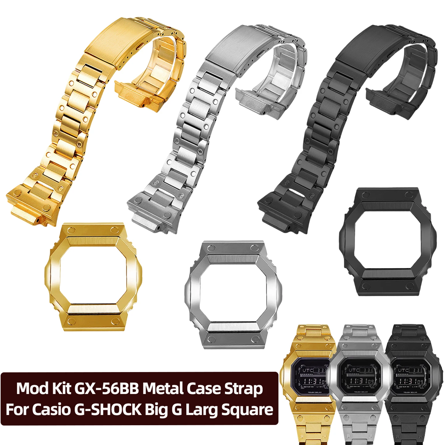 Модный комплект GX-56BB Металлический корпус Ремешок для Casio G-SHOCK Big G Larg Square GX-56 GX56BB GXW-56 Костюм из нержавеющей стали с инструментами Модный комплект GX-56BB Металлический корпус Ремешок для Casio G-SHOCK Big G Larg Square GX-56 GX56BB GXW-56 Костюм из нержавеющей стали с инструментами