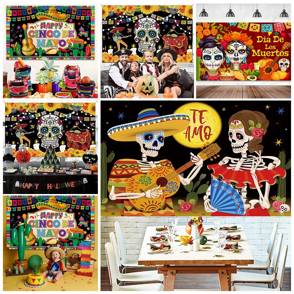 Mexico Day Of The Dead Theme Mexican Fiesta Backdrop Skull Candle Dancer Dia De Los Muertos Cactus Guitar Cactus Party Props