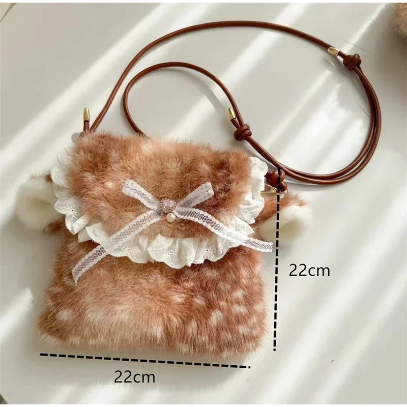 Japanische Hirsch gefleckte Band Plüsch Unterarm Umhängetasche, Mori Girl Elch flauschige Frauen Geldbörse, Winter süße Woodland Fairycore Handtasche – Detail 29