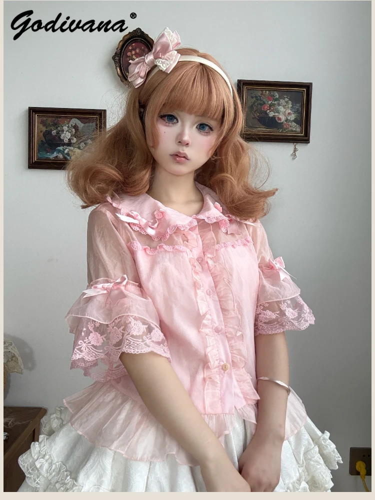 

Original New Spring and Summer Lolita Doll Collar Lace Chiffon Blouse Shirt Girl Women's Sweet Pink Shirts Inner Top