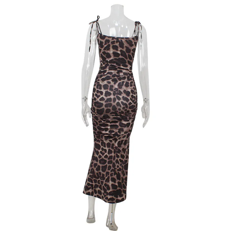 Leopard Printed Dresses For Women Fashion Sexy Partywear Spaghetti High Side Split V-Neck Slim Fit Sleeveless Long Vestidos Robe