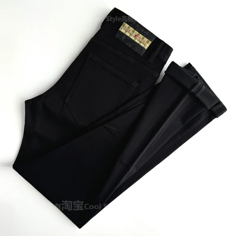 

Осенне-зимние бархатные черные джинсы для мужчин, высококачественные эластичные облегающие джинсы с защитой от выцветания, модные легкие роскошные теплые брюки