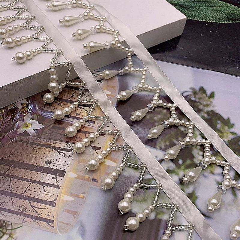 1 Yard Pearl Tassel Lace Trim Ribbon Beaded Fringe Fabric Edge for Wedding Dress Curtain DIY Sewing Craft Garment Decoration