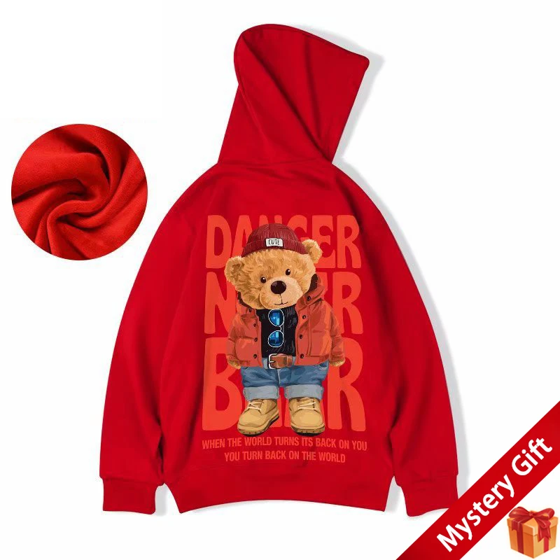 Men Bear Doll Print Kangaroo Pocket Drawstring Hoodies Winter plus velvet Thick Loose Pullover Hooded Sweatshirts Couple Clothes