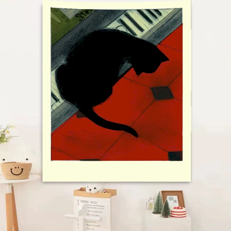 VIKAMA Cat Tapestry Wall Hanging Black Cat Red Floor Tile Minimalist Illustration Aesthetic Bedroom Dorm Decor