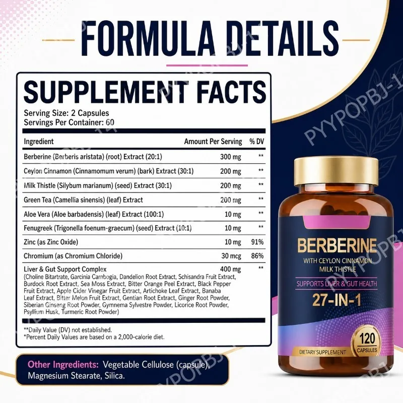 Berberine 27-in-1 Capsules,Support Liver&Gut Health,Boost Immunity,Promote Metabolism,Cardiovascular Care,Ceylon Cinnamon,120Ct